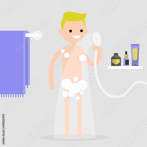 Young character taking a shower in a bathroom / white and purple interior / flat editable vector illustration, clip art