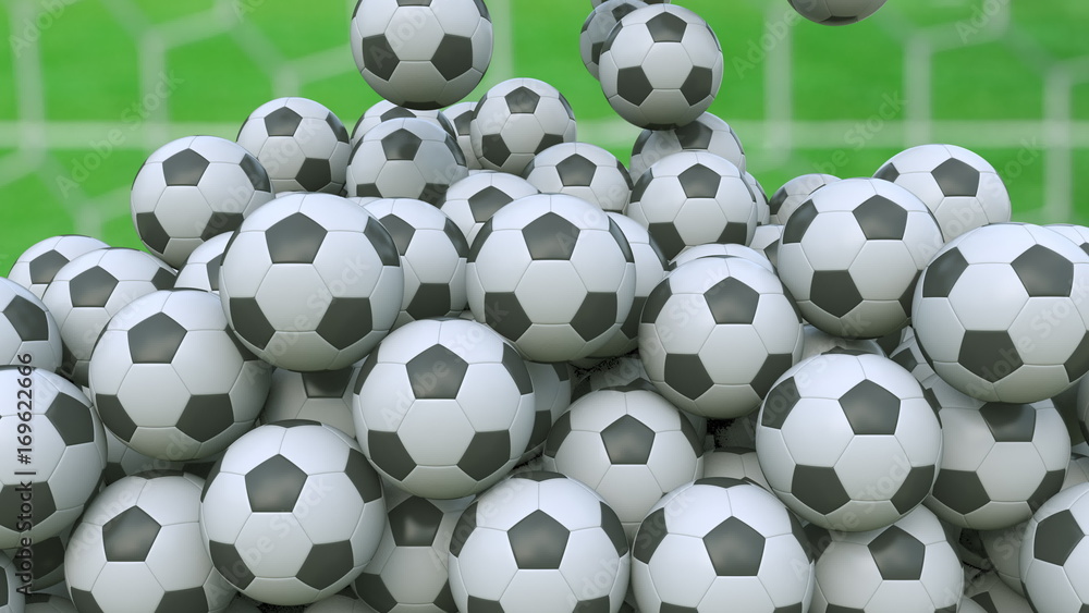 Falling football balls against grass field background. 3D rendering Falling football balls against grass field background. 3D rendering