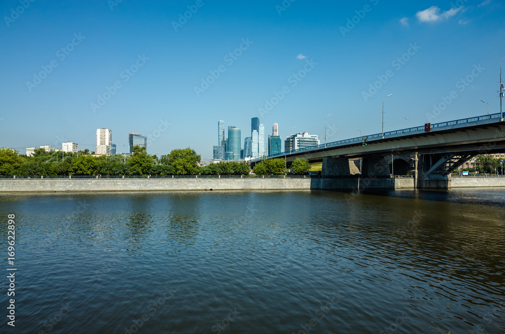 Luzhnetskaya embankment, view of Moscow-city and the river, Moscow