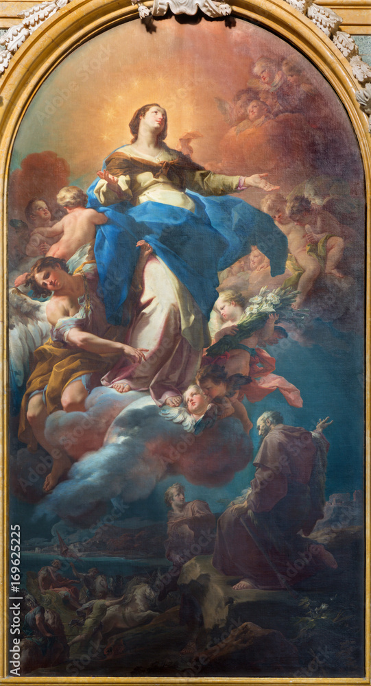 TURIN, ITALY - MARCH 16, 2017: The painting of Virgin Mary with prophet Elijah in church Chiesa della Madonna del Carmine by Giuseppe Turinetti di Priero and Giaquinto da Molfetta (1741).