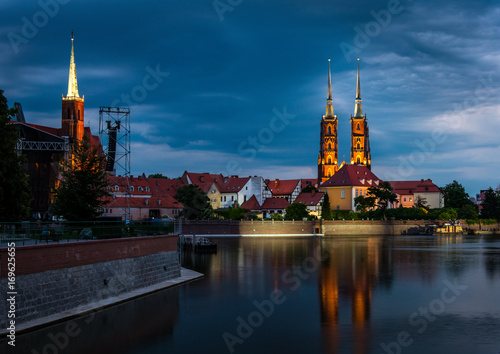Night cityscape cathedral in Wrocław, river Odra. Poland