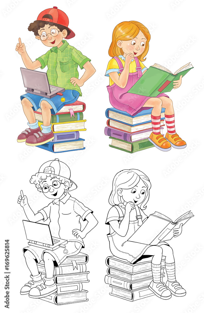 Back To School Cute Schoolchildren Ready For School Coloring Page Poster Funny Cartoon Characters Stock Illustration Adobe Stock