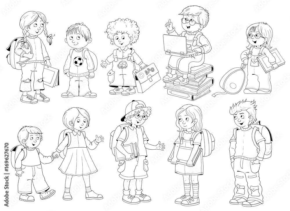 Back to school. Cute schoolchildren ready for school. Coloring page. Poster. Funny cartoon characters Back to school. Cute schoolchildren ready for school. Coloring page. Poster. Funny cartoon characters