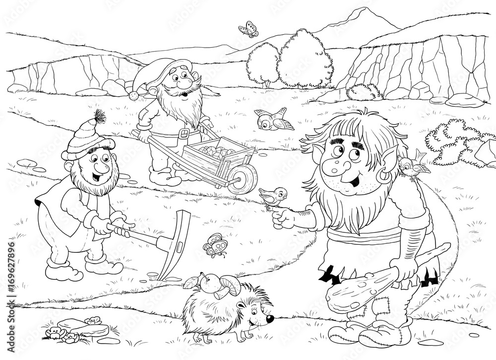 Cute dwarfs and a troll. Fairy tale characters. Coloring page. Illustration for children Cute dwarfs and a troll. Fairy tale characters. Coloring page. Illustration for children