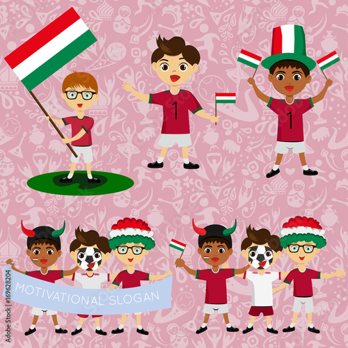 Set of boys with national flags of Hungary. Blanks for the day of the flag, independence, nation day and other public holidays. The guys in sports form with the attributes of the football team