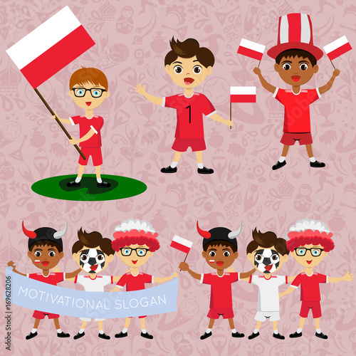 Set of boys with national flags of Poland. Blanks for the day of the flag, independence, nation day and other public holidays. The guys in sports form with the attributes of the football team