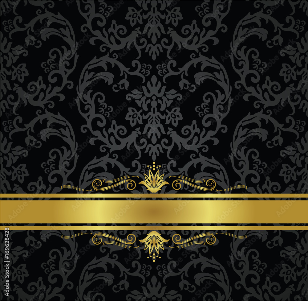 Seamless black floral wallpaper and gold ribbon