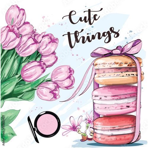 Sweet colorful set with french macaroons and flowers. Sketch. Vector illustration.
