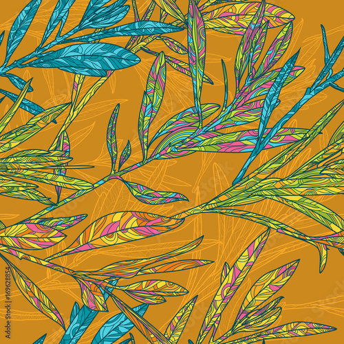 Vector autumn leaves seamless pattern. Yellow mustard fall background with ha...