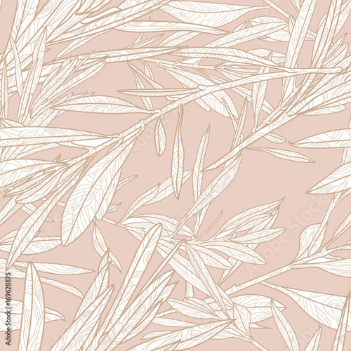 Vector autumn leaves and branches seamless pattern. Neutral beige fall backgr...