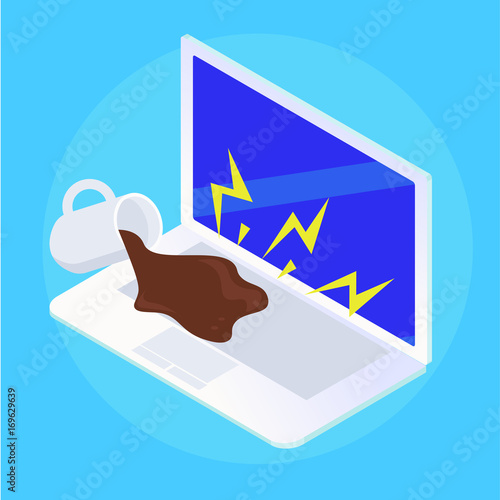 Spilled coffee puddle on laptop. Repair of broken equipment