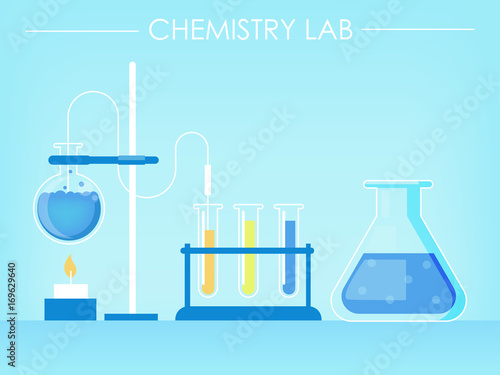 Chemistry lab banner. Test tubes, experiments, fire. 