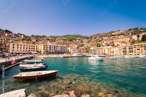Porto Santo Stefano village skyline, italian travel destination. Monte Argentario, Tuscany, Italy.