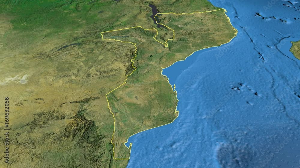 Mozambique, glide over the satellite map, outlined Mozambique, glide over the satellite map, outlined