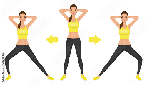 Young pretty woman make lunge exercise with hands behind head. Fit girl in leggings and crop top. Vector illustration.