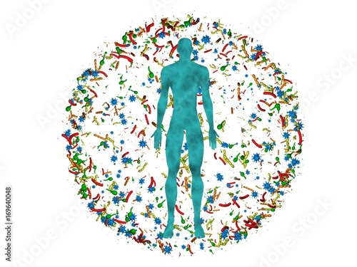 Male body,man surrounded by microbiome cloud of bacteria, viruses, microbes. 3d rendering. Dense microbe population photo