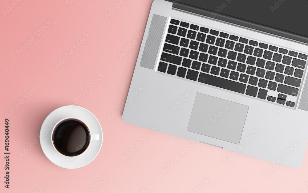 Modern workspace with laptop and coffee cup copy space on color background. Top view. Flat lay style. Modern workspace with laptop and coffee cup copy space on color background. Top view. Flat lay style.