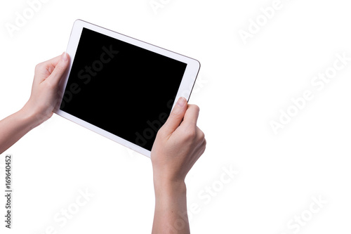 White tablet in woman's hands isolated on white in horizontal mode