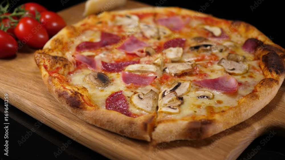 Crusty Pizza with salami ham and mushrooms Crusty Pizza with salami ham and mushrooms