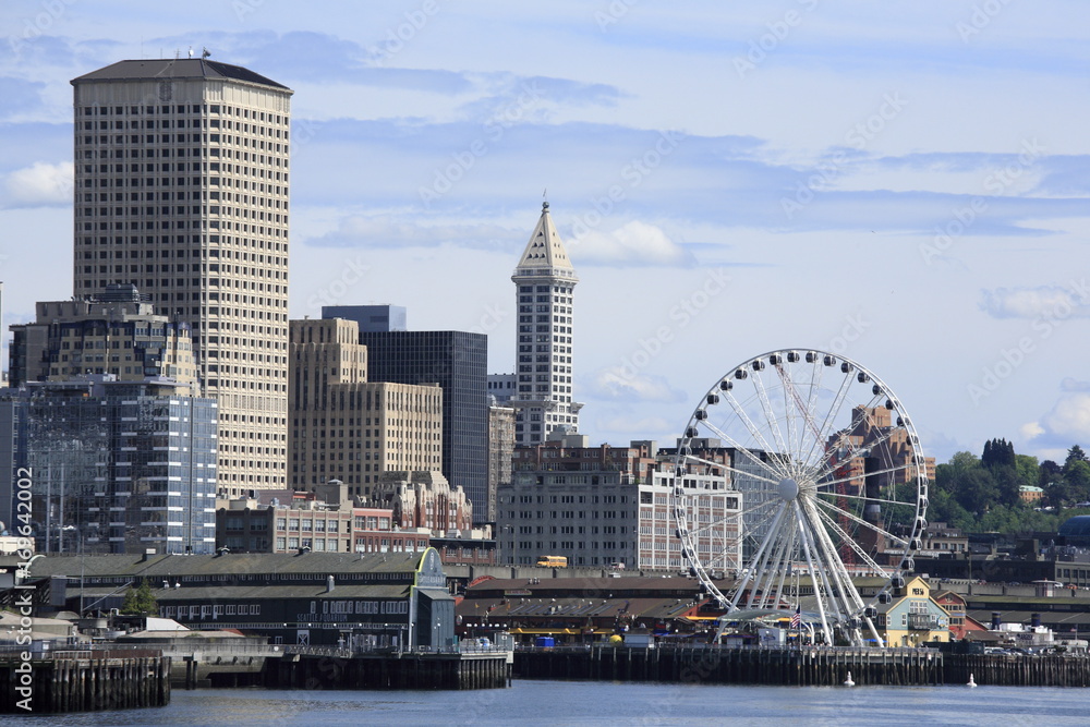 View of Seattle downtown from a cruise in the sea.