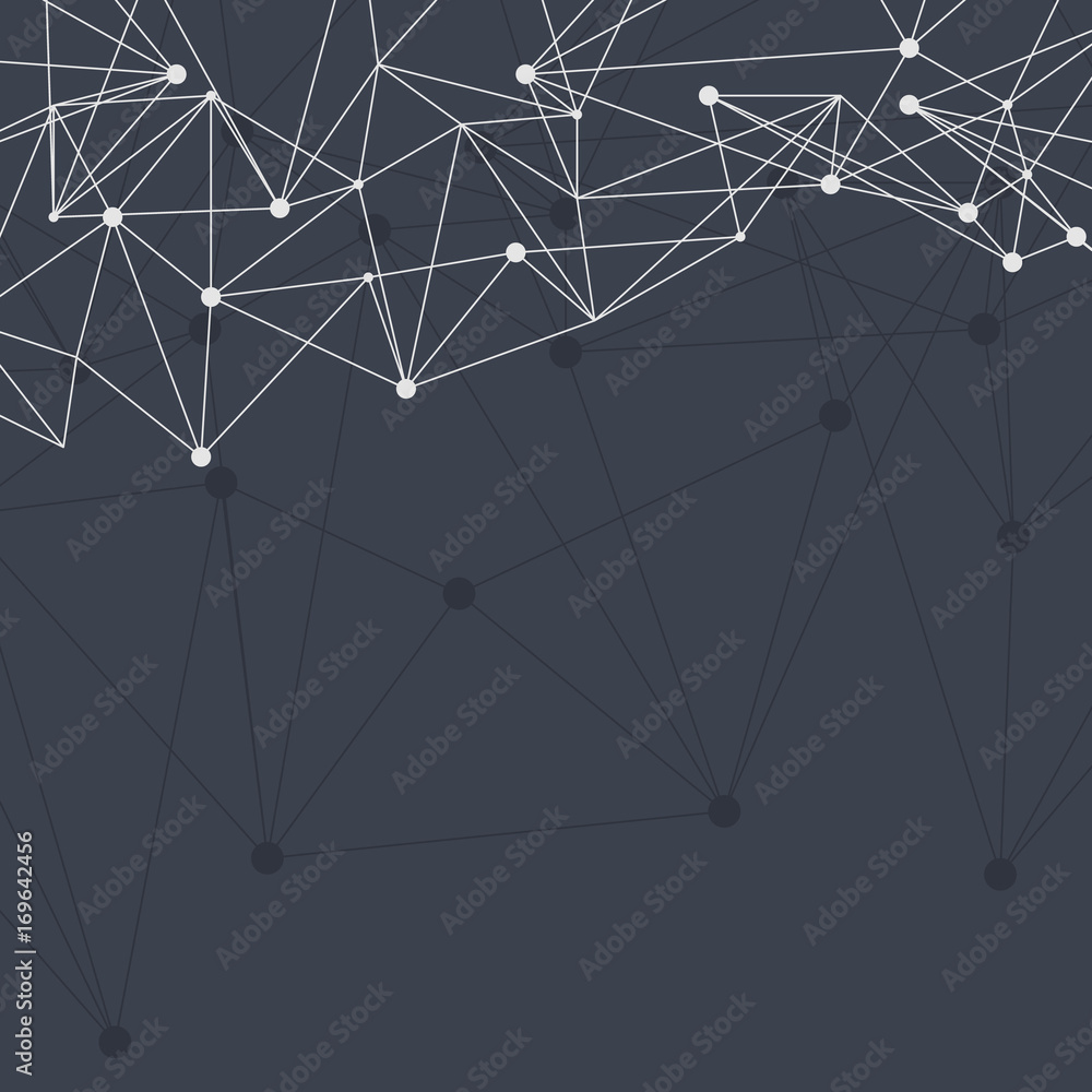 Geometric black background Molecule and communication for brochure and slideshow. Geometric abstract background with connected line and dots. Vector abstract circles infographic network template.
