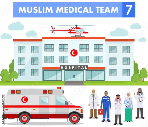 Fototapeta Naklejka Na Ścianę i Meble -  Medical concept. Detailed illustration of muslim arabian doctor, nurses, helicopter, ambulance car and hospital building in flat style isolated. Practitioner arabic doctors man and woman standing.