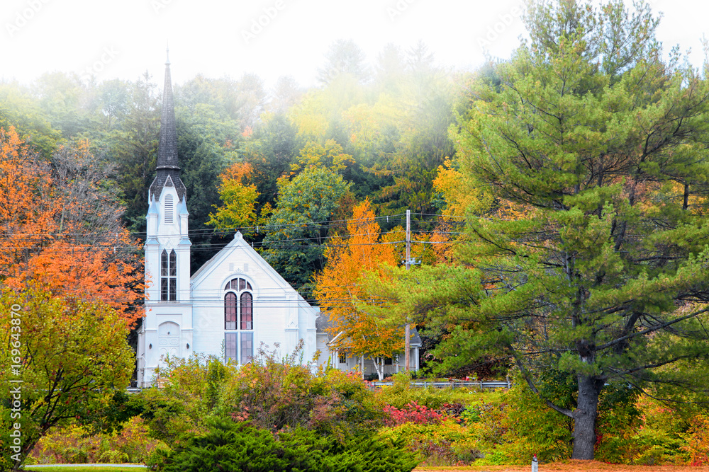 Church near Woodstock Vermont shot in morning fog