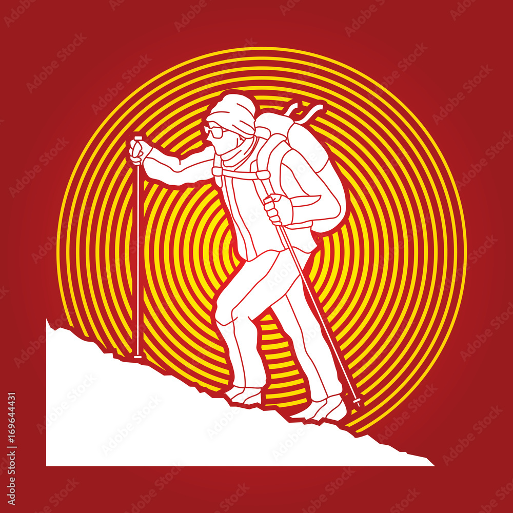 A man hiking on the mountain designed on sunlight background graphic vector A man hiking on the mountain designed on sunlight background graphic vector