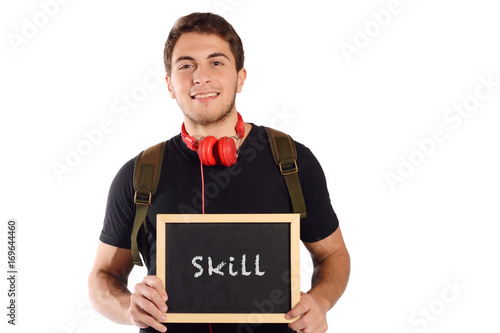 Man holding chalkboard with 