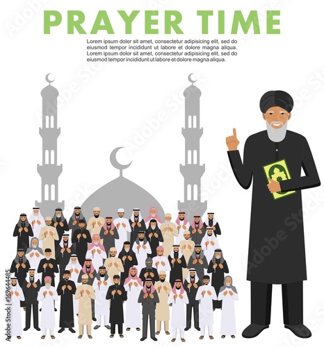 Prayer time. Different standing praying muslim arabic people and mullah in traditional arabian clothes. Mufti with quran. Islamic men with beads in hands pray. Silhouette of a mosque and minarets.