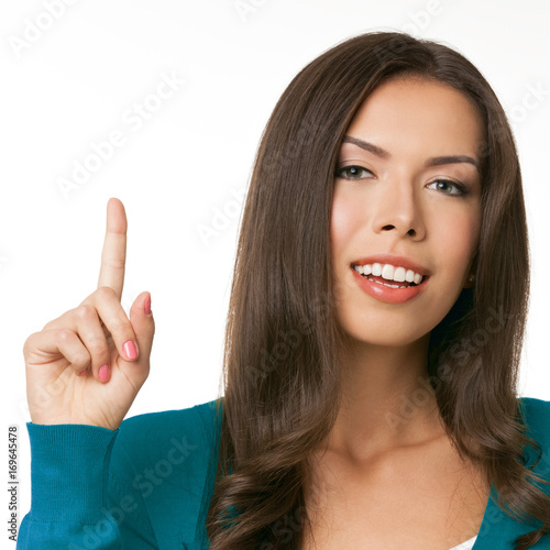 woman showing copyspace, visual imaginary or something, isolated