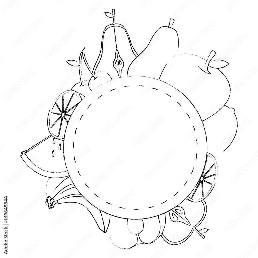 decorative frame with healthy fruits around over white background vector illustration decorative frame with healthy fruits around over white background vector illustration