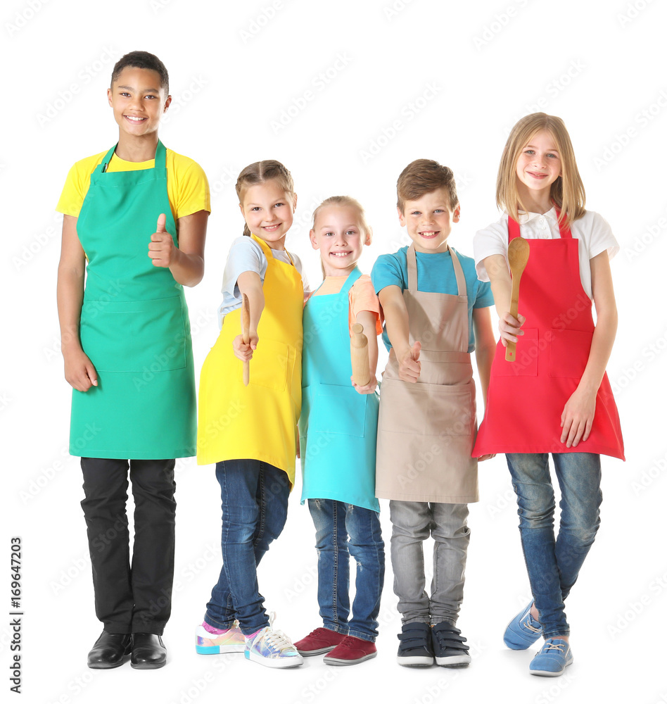 Group of children on white background. Concept of cooking classes Group of children on white background. Concept of cooking classes