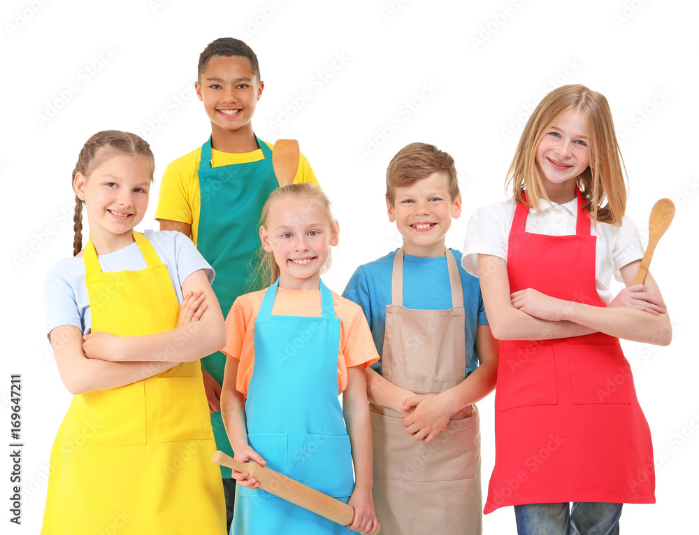 Group of children on white background. Concept of cooking classes Group of children on white background. Concept of cooking classes