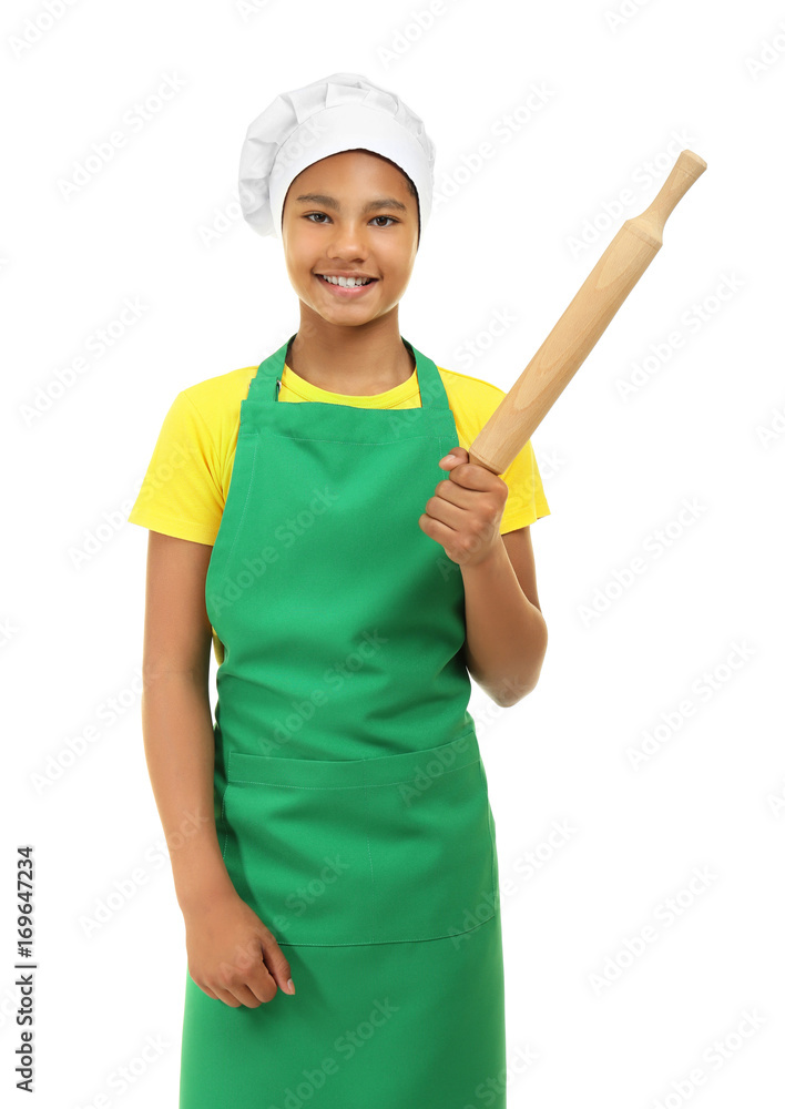 African American boy in chef uniform on white background. Concept of cooking classes African American boy in chef uniform on white background. Concept of cooking classes