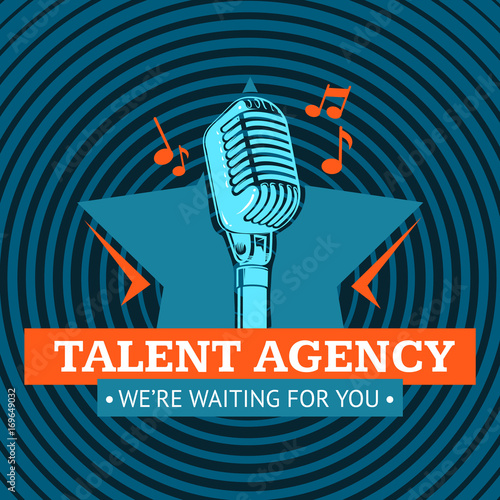 Vector talent agency logo, emblem with star and retro microphone on radio signal circles background