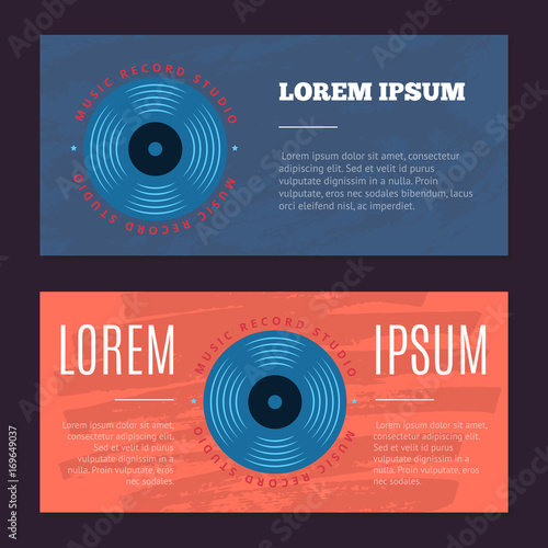 Vector vintage flyers with sound record studio, vinyl music shop, club logo with vinyl record on grunge texture