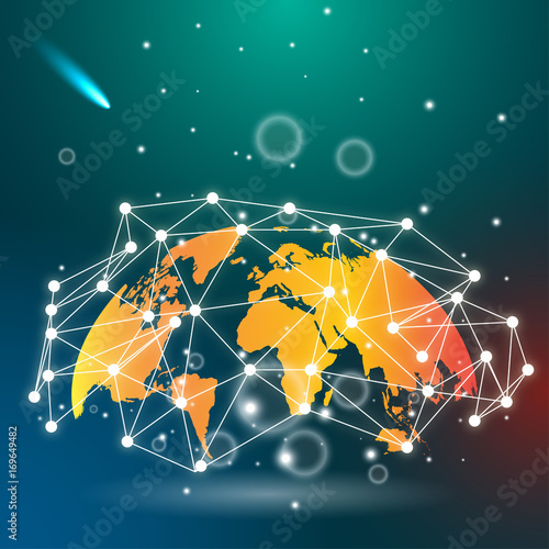 Political  World Map with global technology networking concept. Digital data visualization. Scientific cybernetic particle compounds. Big Data background communication. Molecule and communication.