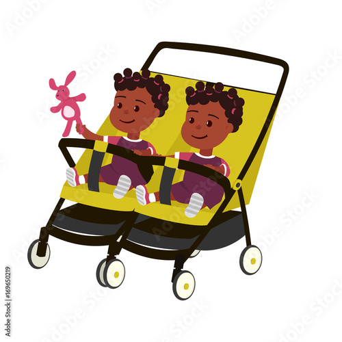 Vector african twins baby girl on perambulator white background isolated.