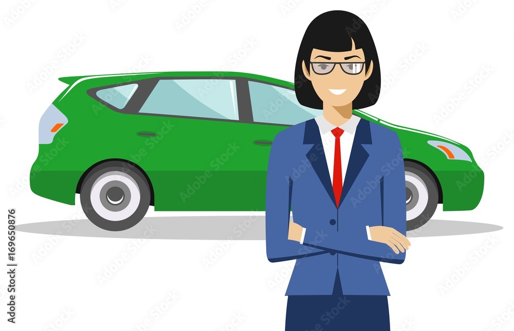 American, european businesswoman standing near the green car on white background in flat style. Business concept. Detailed illustration of automobile and woman. Flat design people character. Vector. American, european businesswoman standing near the green car on white background in flat style. Business concept. Detailed illustration of automobile and woman. Flat design people character. Vector.