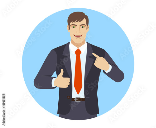 Self promotion. Businessman pointing the finger at himself and showing thumb up