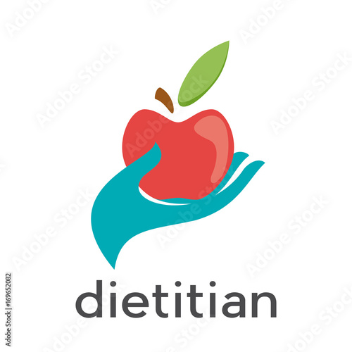 Vector sign diet, dietitian. Hand and red apple