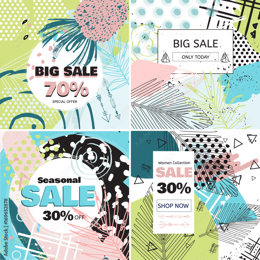Oppervlakkig herberg intern Fashion Sale and special offer concept card for online shopping. Social  media sales banners set. Geometric background with palm leaves posters set.  Stock Vector | Adobe Stock