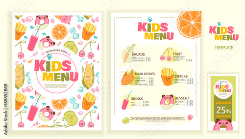 Cute colorful kids meal menu vector template. Funny snacks, fruits and vegetables. Menu design for restaurant, cafe and bar.