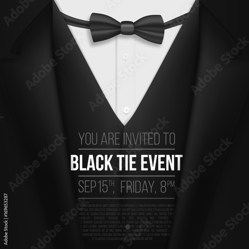 Illustration of Realistic Vector Black Suit. Black Tie Event Invitation Template. Vector Mens Suit with Bow Tie