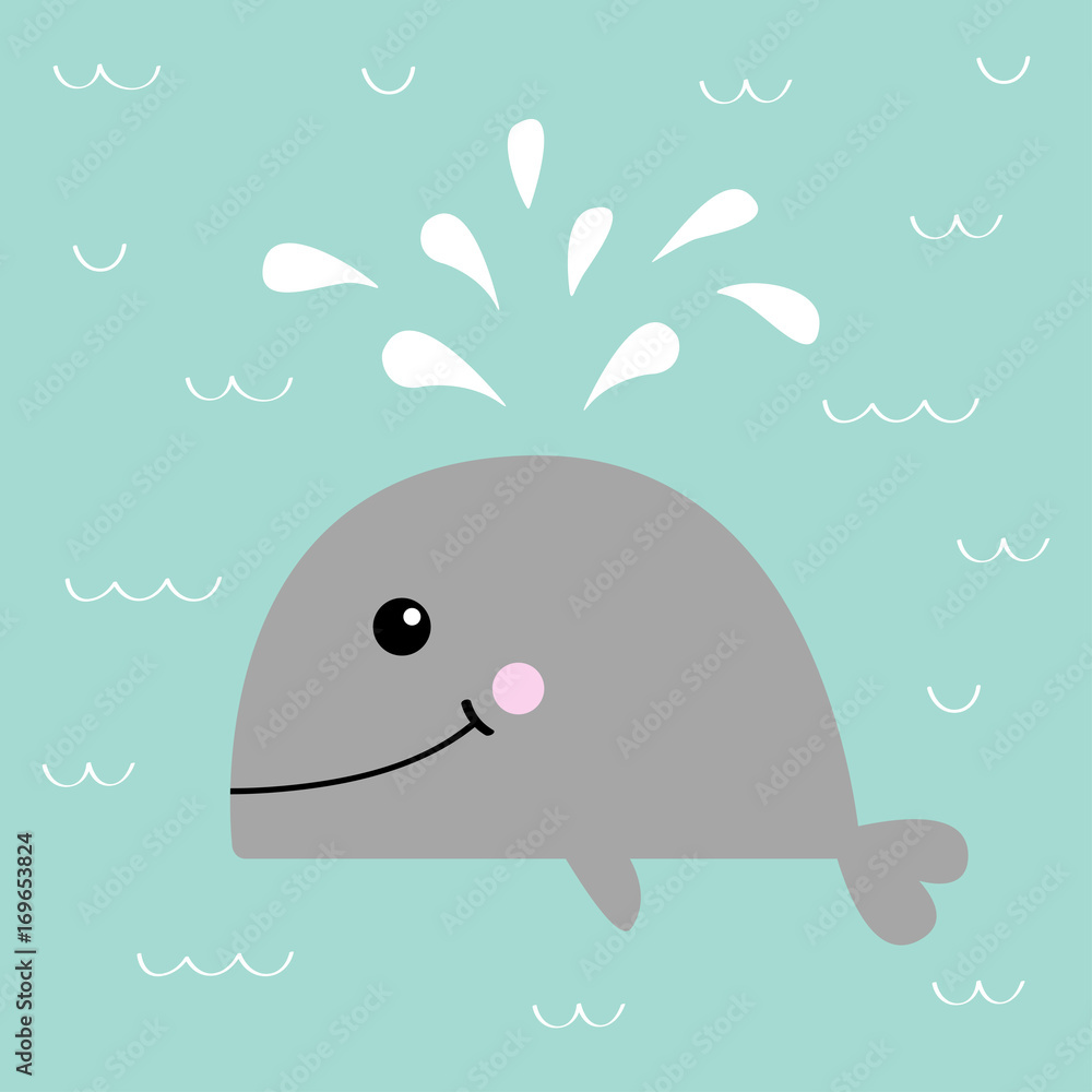 Gray whale with water fountain. Sea ocean life. Cute cartoon character with  eyes, tail, fin. Smiling face. Kids baby animal collection. Flat design  Blue wave background Isolated. Stock Vector | Adobe Stock