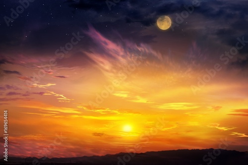 Romantic sunset and mystical moon .