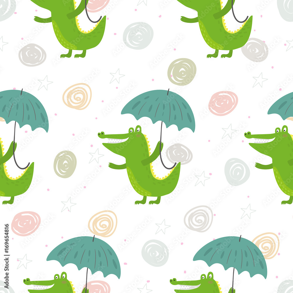 Seamless pattern with cute crocodile and umbrella. vector print.