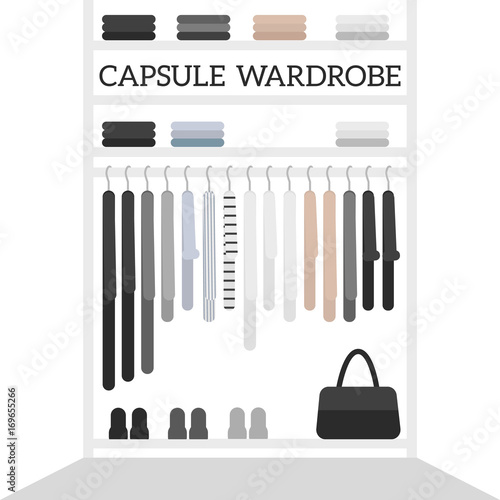 Vector flat illustration for magazines with women's closet. Minimalistic scandinavian style capsule wardrobe.