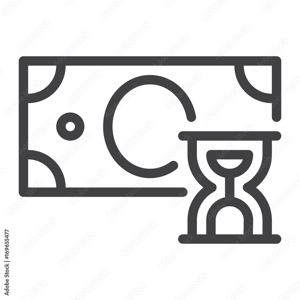 Money bill and hourglass line icon, outline vector sign, linear style pictogram isolated on white. Payment history symbol, logo illustration. Editable stroke. Pixel perfect vector graphics